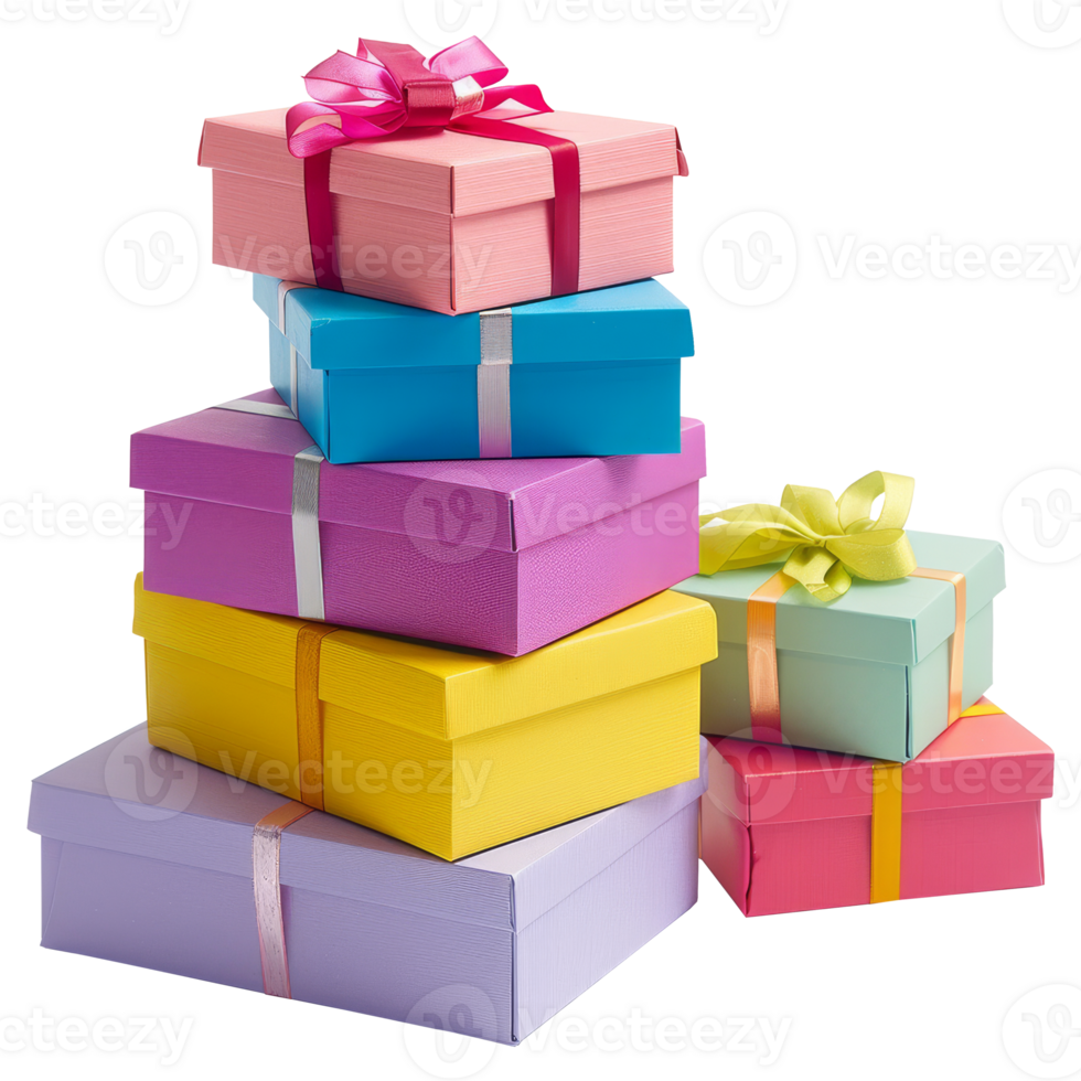 Stack of brightly colored gift boxes, on a transparent background png