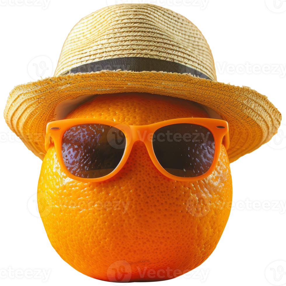 Fresh orange wear sunglasses and summer hat, transparent background png