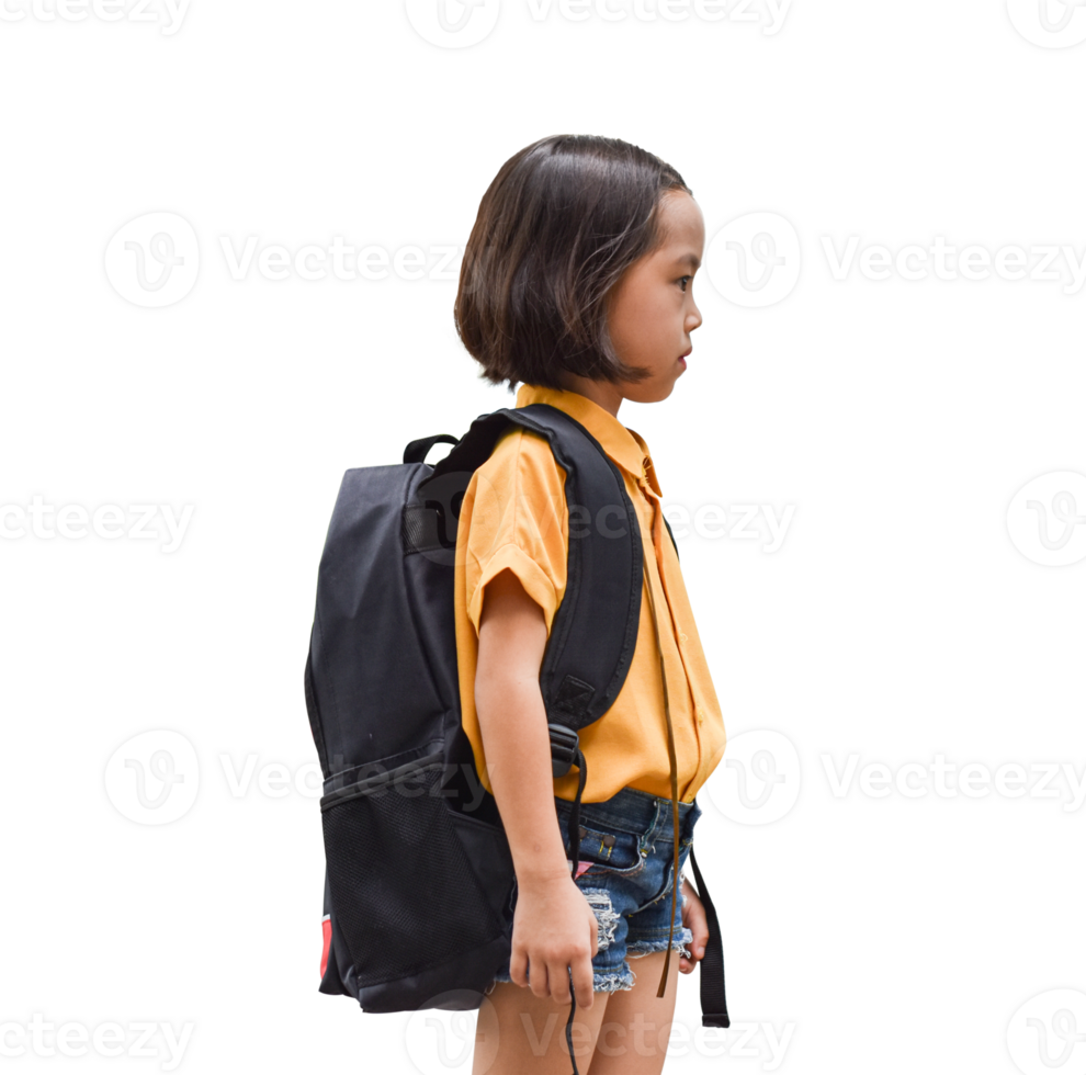 Asian little girl with big backpack Isolated on transparent background. Back to School concept. png