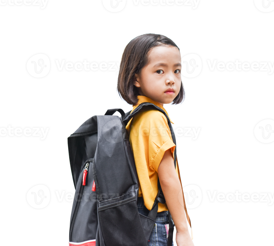 Asian little girl with big backpack Isolated on transparent background. Back to School concept. png