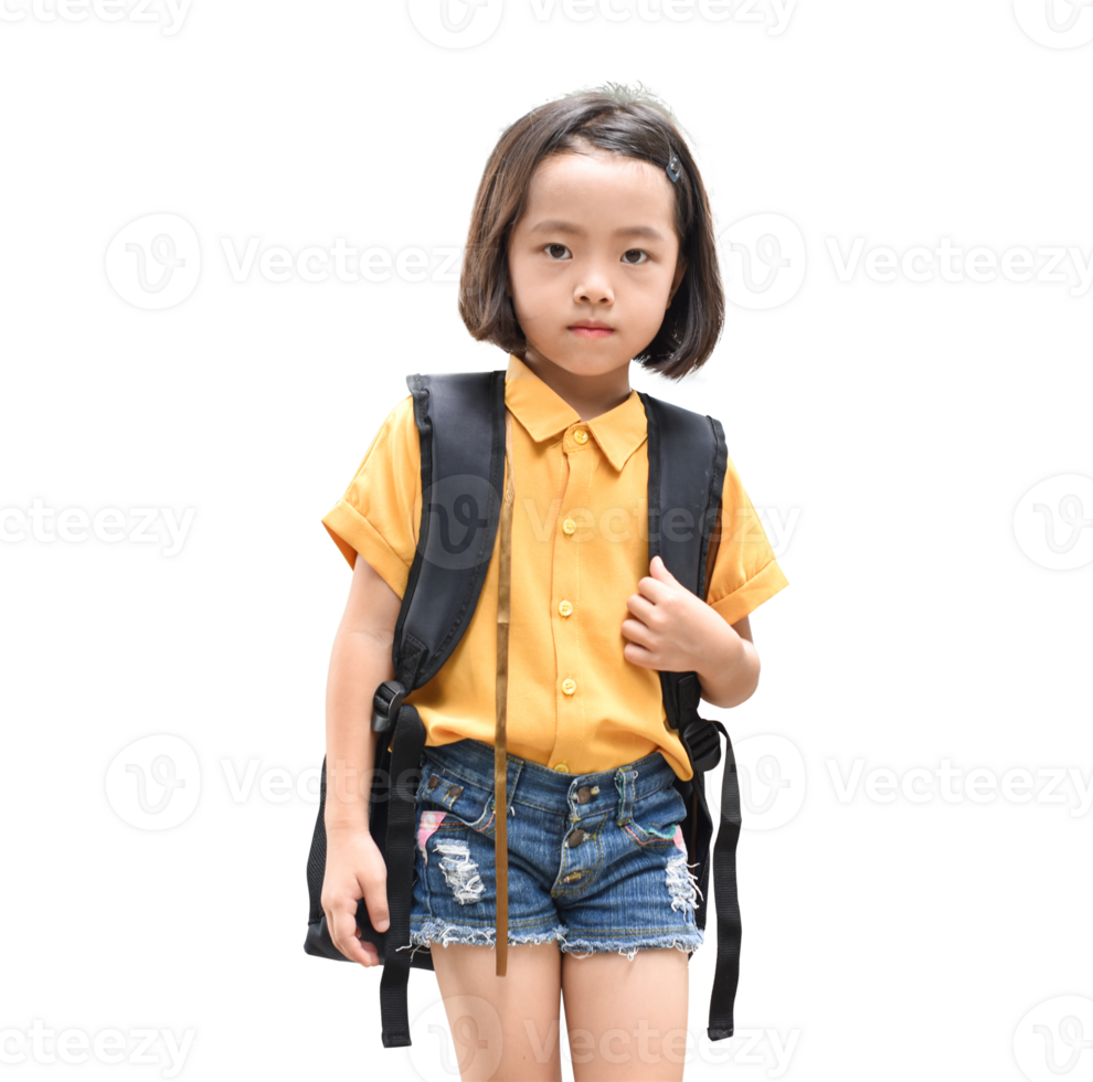 Asian little girl with big backpack Isolated on transparent background. Back to School concept. png