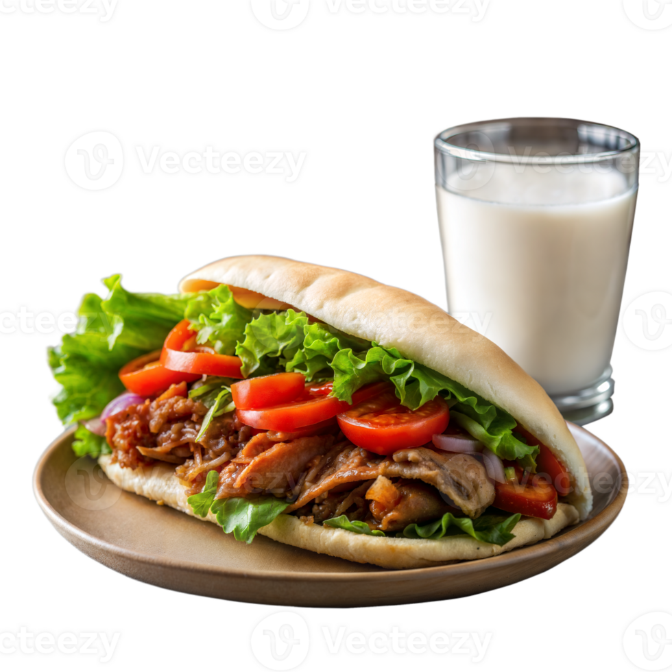 Freshly Prepared Pulled Pork Pita Sandwich With Lettuce And Tomato, Served With A Glass Of Milk png