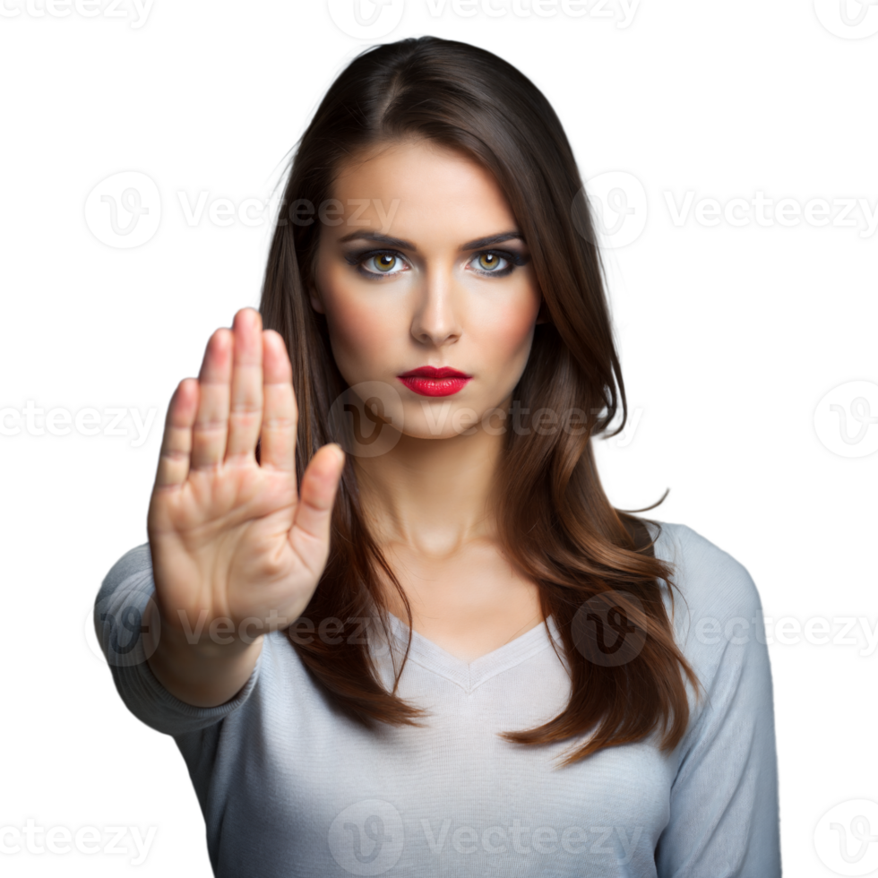 Determined Woman Gesturing Stop With Hand in a Casual Setting png
