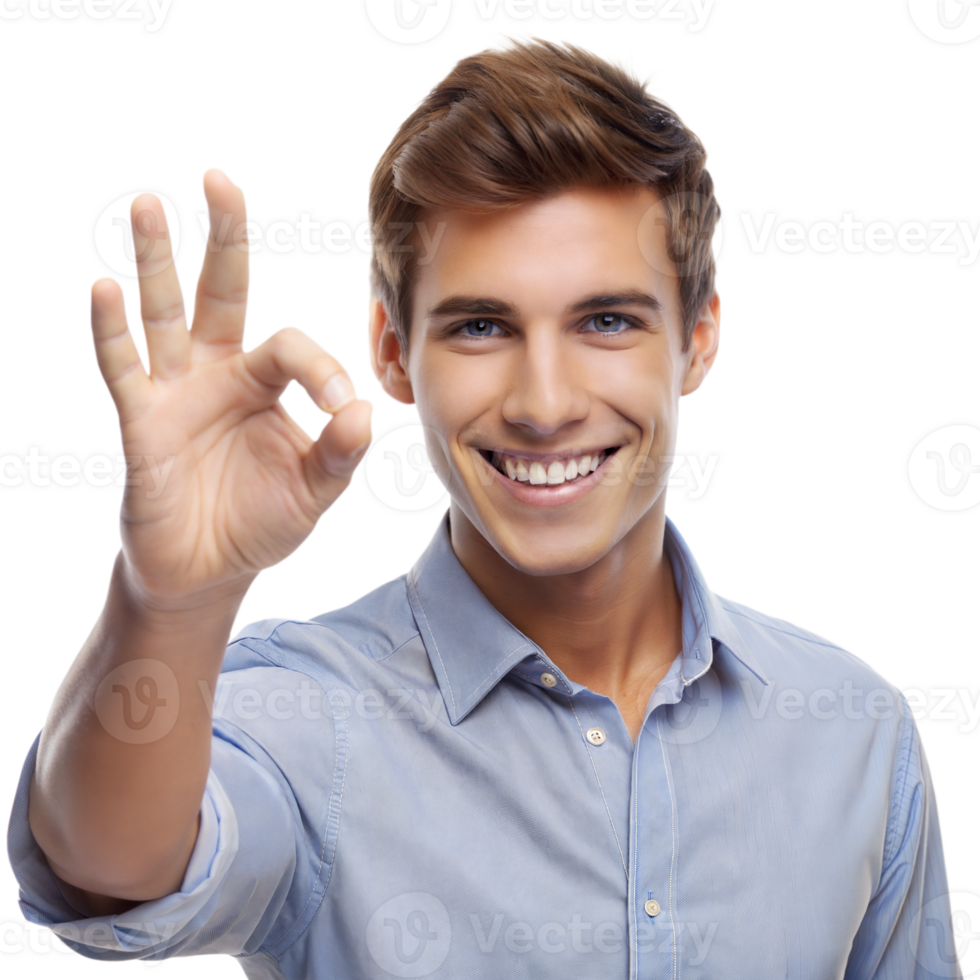 Young Man in Blue Shirt Making Okay Sign With Hand on Transparent Background png