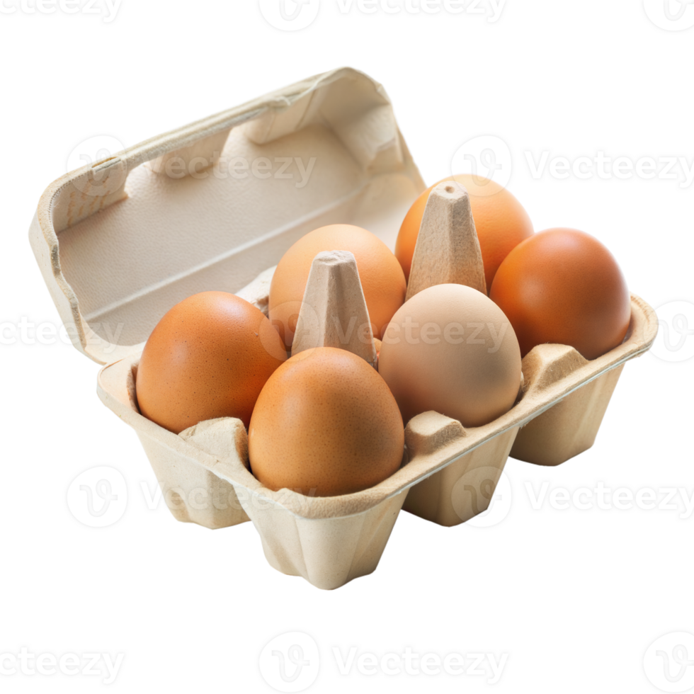 Open Carton of Five Brown Eggs Against a Transparent Background png