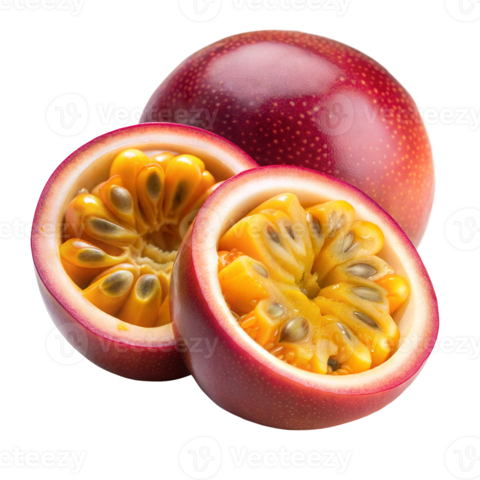 fermer vue de une mûr passion fruit tranché dans moitié contre une transparent Contexte png