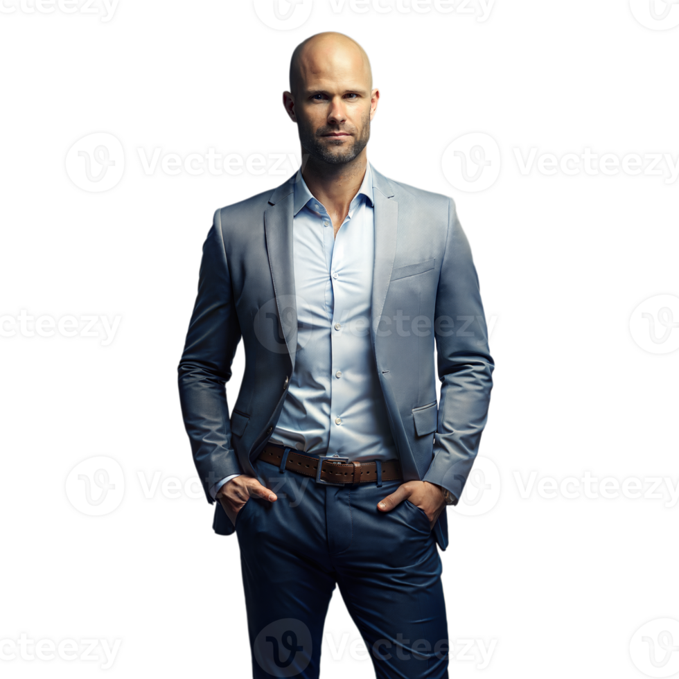 Confident Bald Man in Grey Suit Posing With Hands in Pockets on Transparent Background png