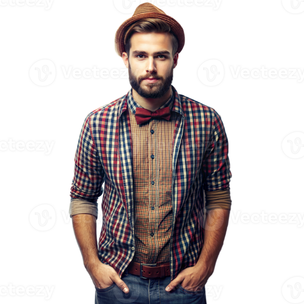 Stylish Young Man in Plaid Shirt, Bow Tie, and Fedora Posing in Studio png
