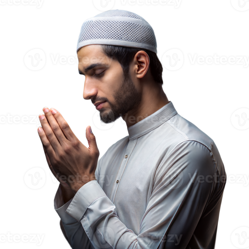 Young Man in Traditional Attire Engaging in Silent Prayer Indoors in Daylight png