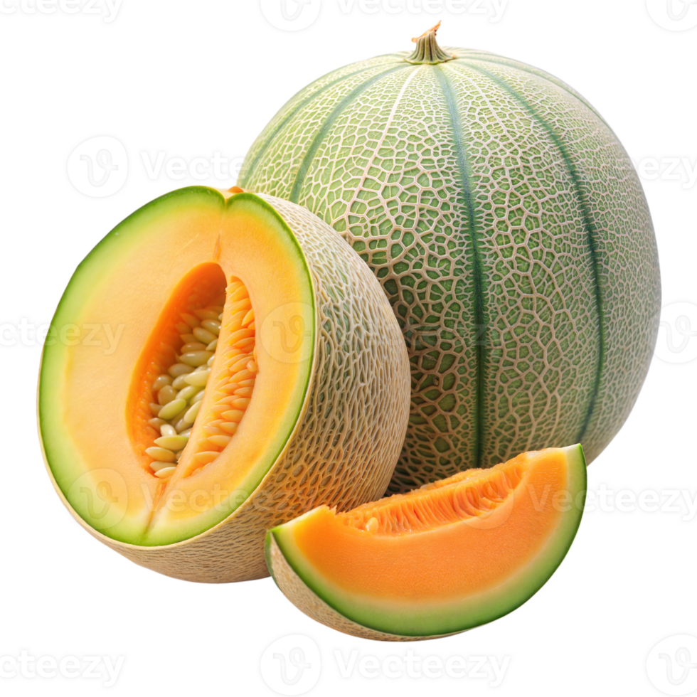 Fresh Cantaloupe Melon Displayed With a Juicy Slice and Wedge on Transparent Background png