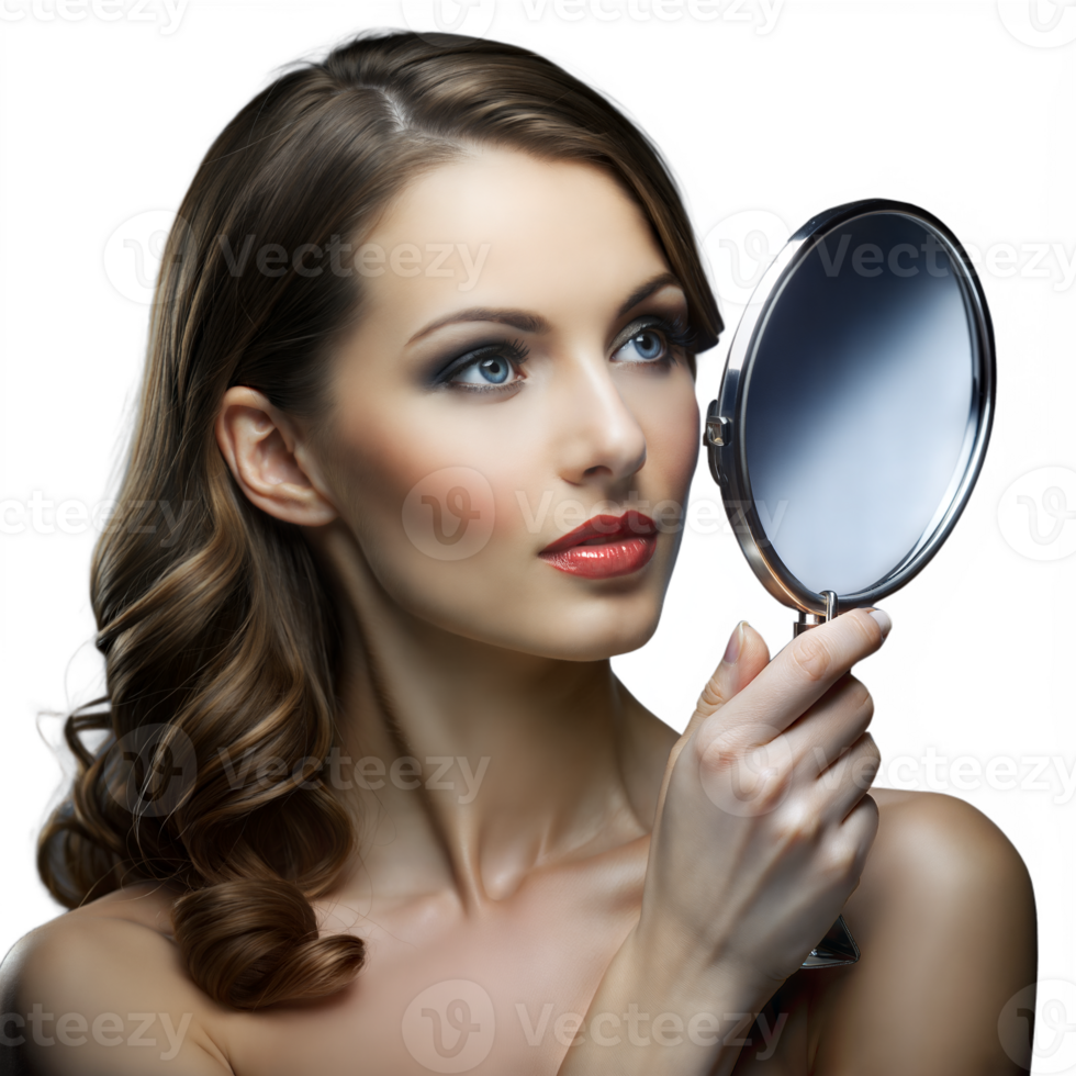 Young Woman Gazing Into a Handheld Mirror With a Thoughtful Expression png