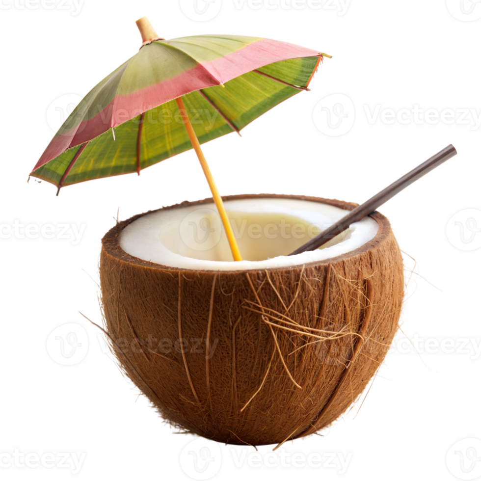 Fresh Coconut Drink Adorned With a Colorful Umbrella and Straw png