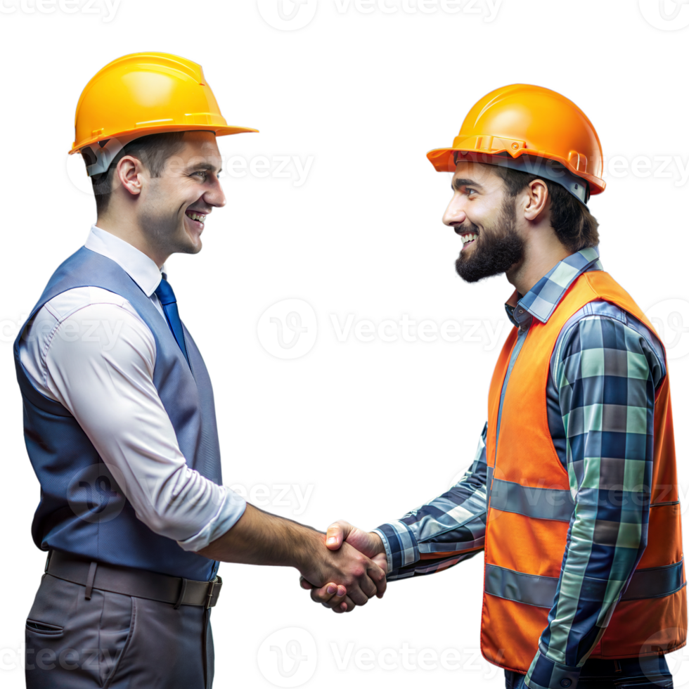 Smiling Construction Workers in Hard Hats Shaking Hands During a Break png