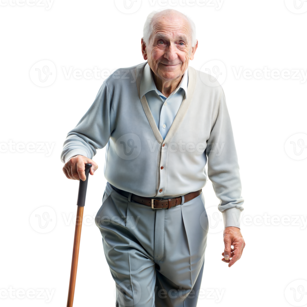 Elderly Man With a Cane Smiling While Standing Against a Transparent Background png