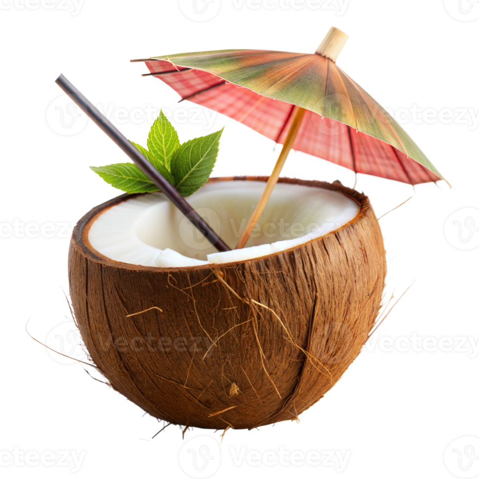 Fresh Coconut Drink Adorned With a Cocktail Umbrella and Straw png