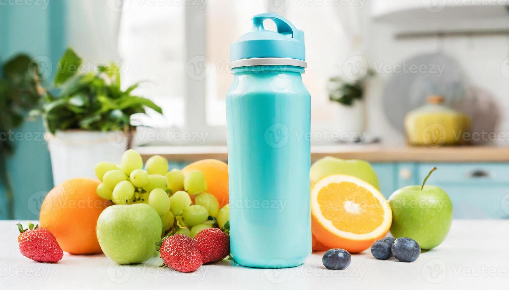 Sport drink bottle mockup with fruits on table, kitchen background photo