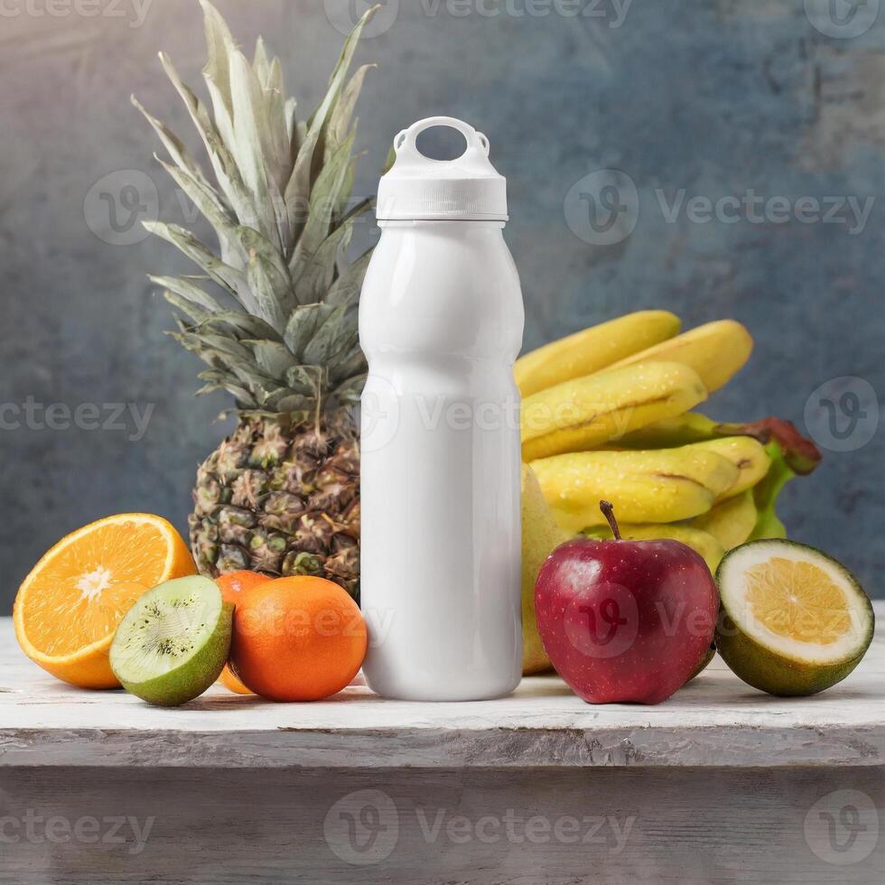 Sport drink bottle mockup with fruits on table, kitchen background photo