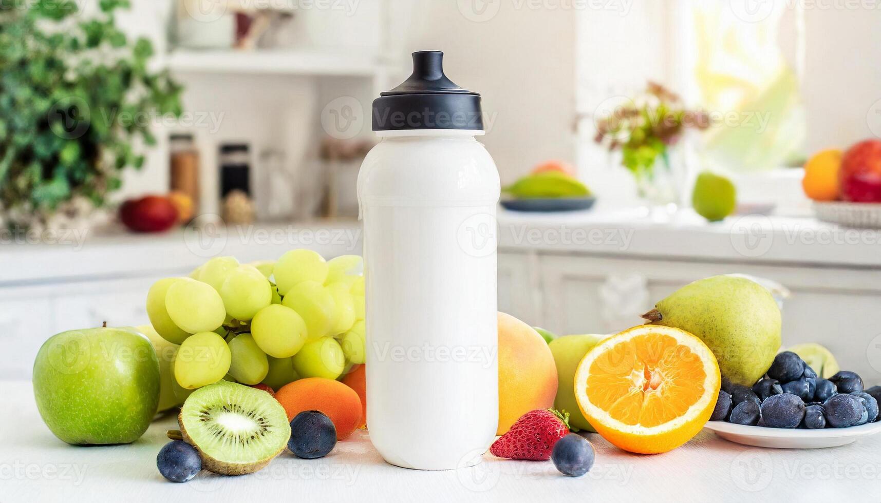 Sport drink bottle mockup with fruits on table, kitchen background photo