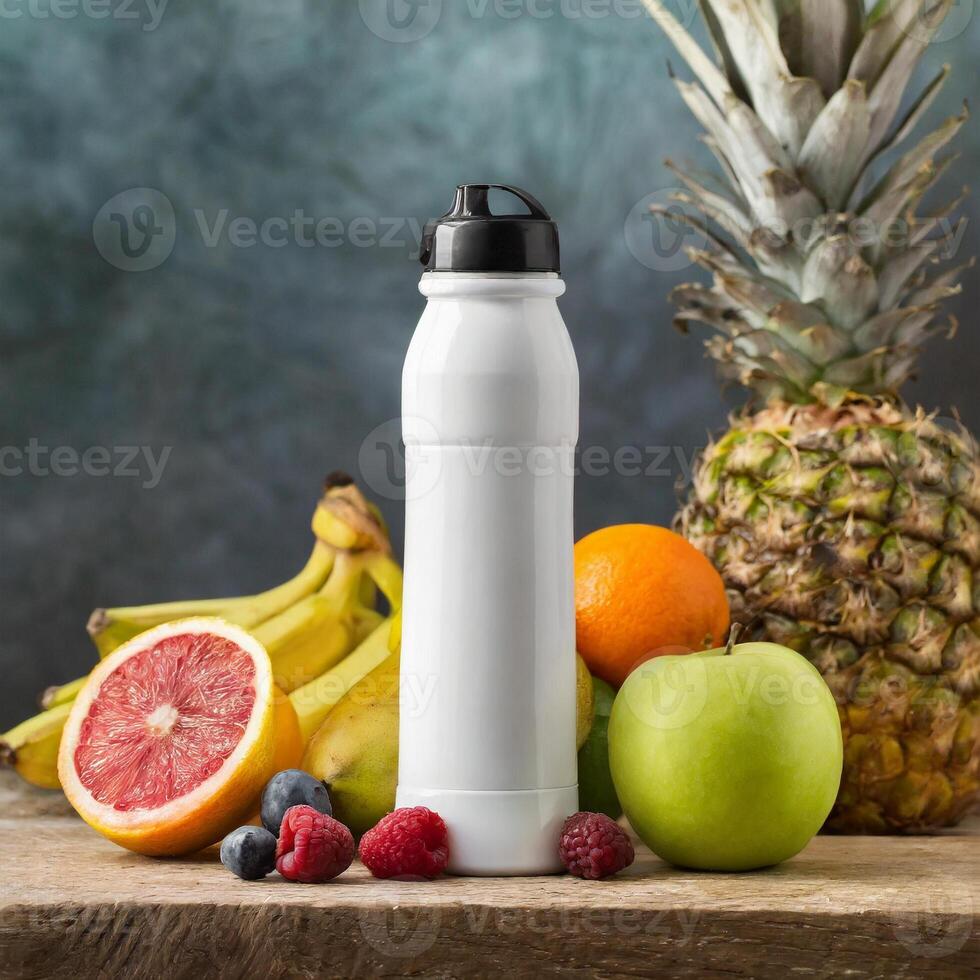 Sport drink bottle mockup with fruits on table, kitchen background photo