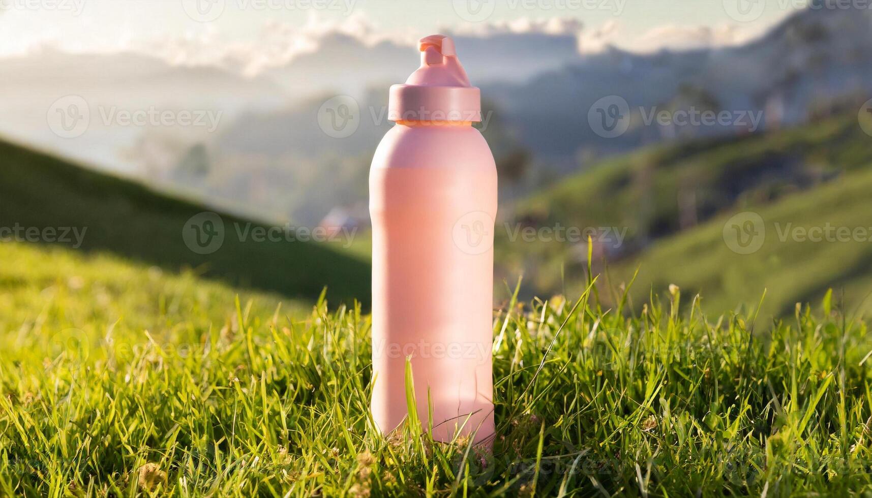 Bottle of sport drink on grass, nature background, health life concept photo