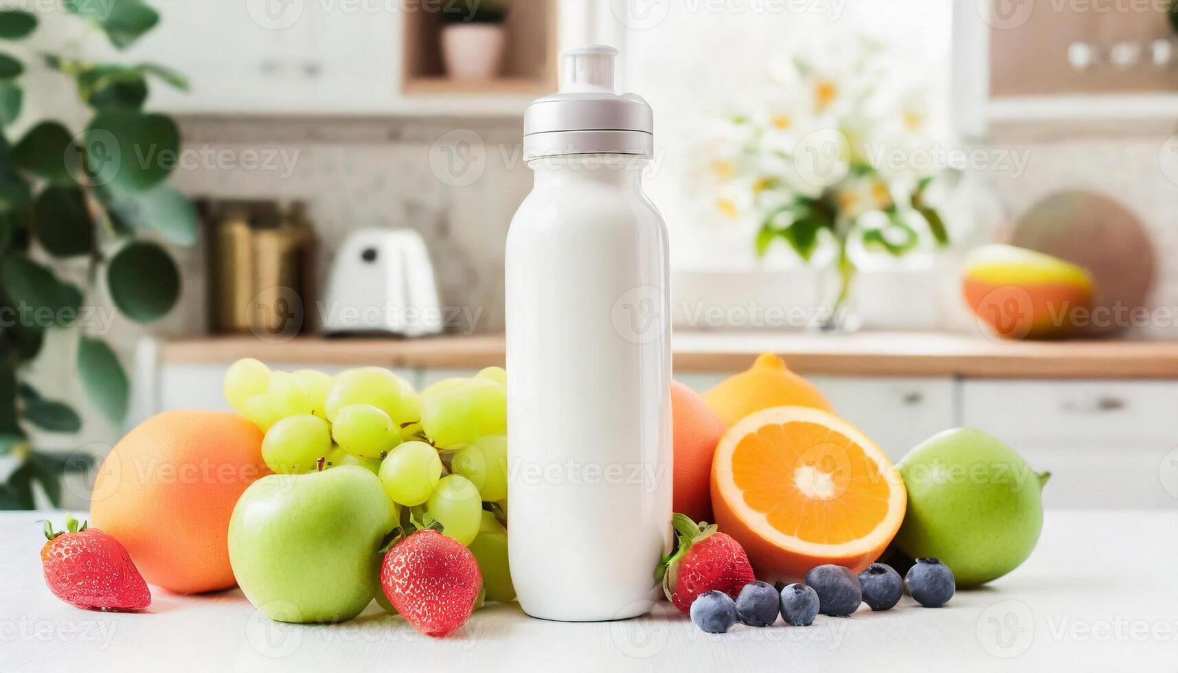 Sport drink bottle mockup with fruits on table, kitchen background photo