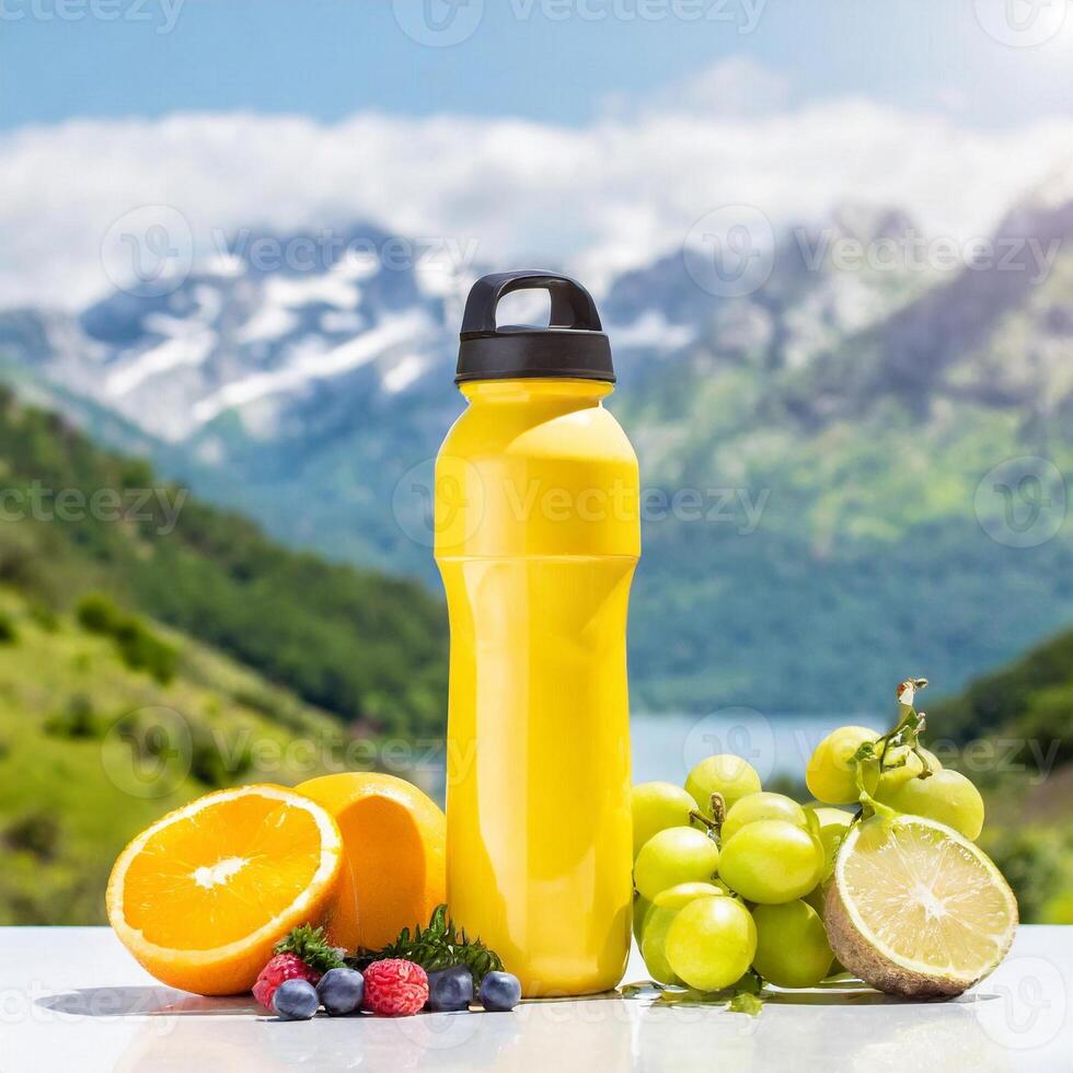 Mockup sport drink bottle with fruits on mauntains background, health concept on nature photo