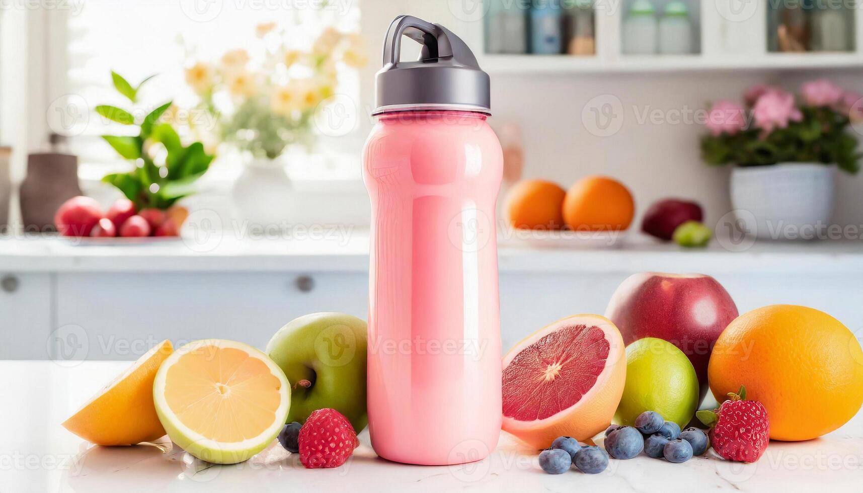Sport drink bottle mockup with fruits on table, kitchen background photo