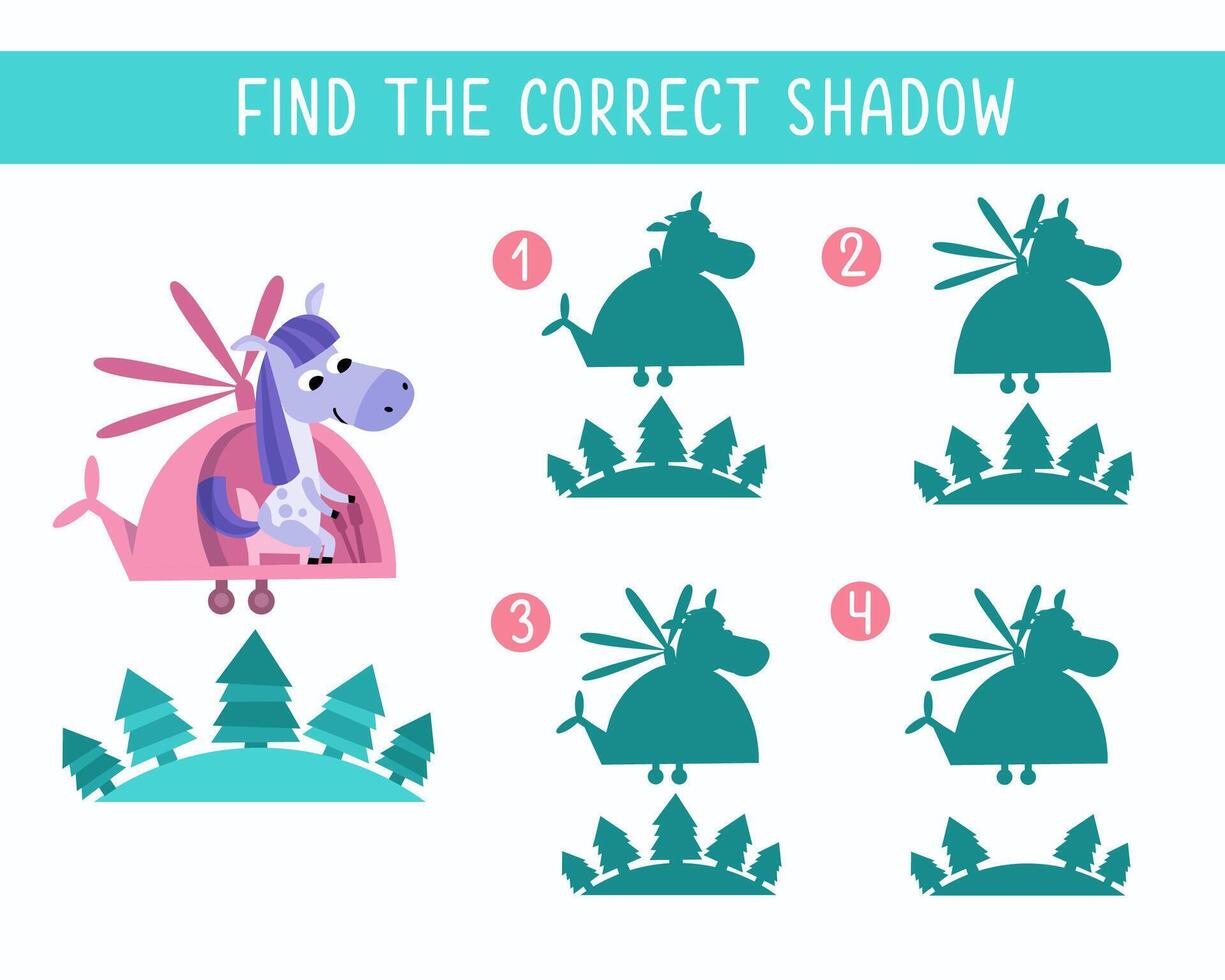 Find the right shadow. Puzzle Game for children. Cute animal on white background. Transport and animals. illustration. vector