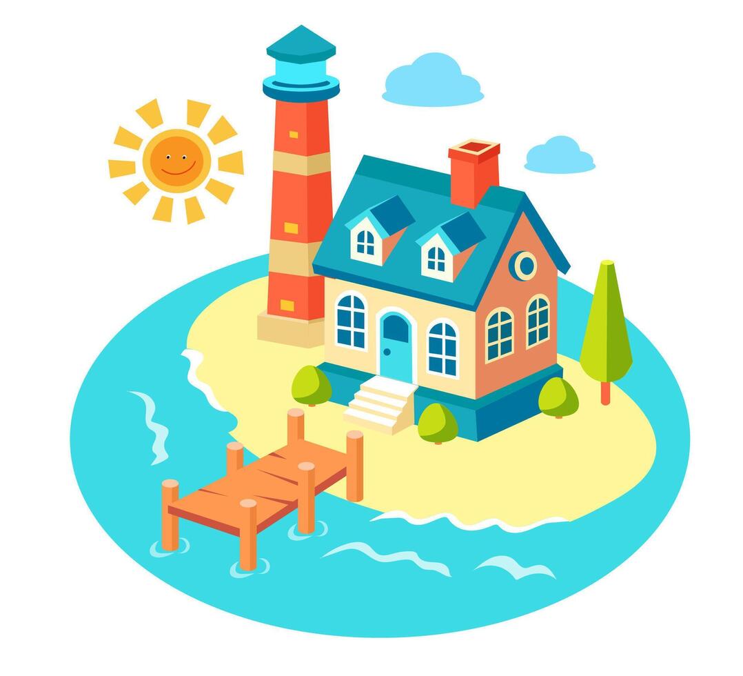 plano ilustración de costa con faro y casa, cabaña. aislado ilustración vector