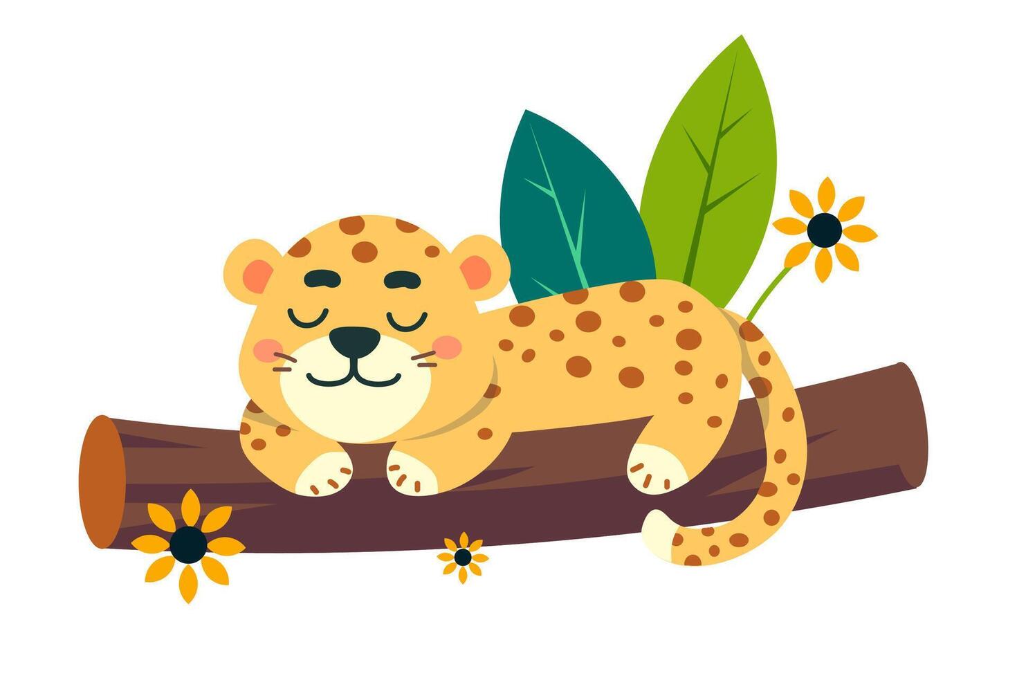 Cute stylised jaguar sleeping on tree branch in jungle. Scene for design. illustration vector