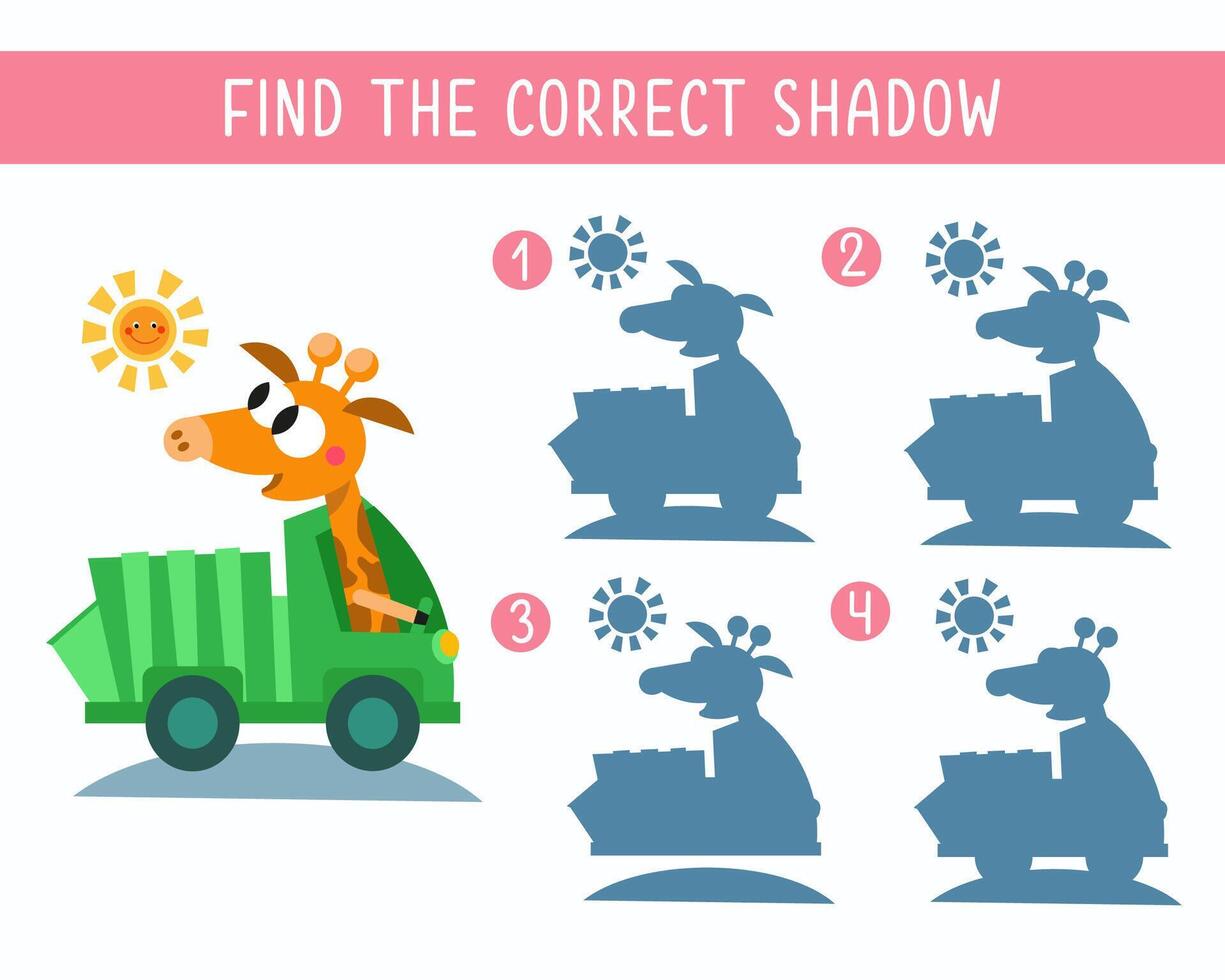 Find the right shadow. Puzzle Game for children. Cute animal on white background. Transport and animals. illustration. vector