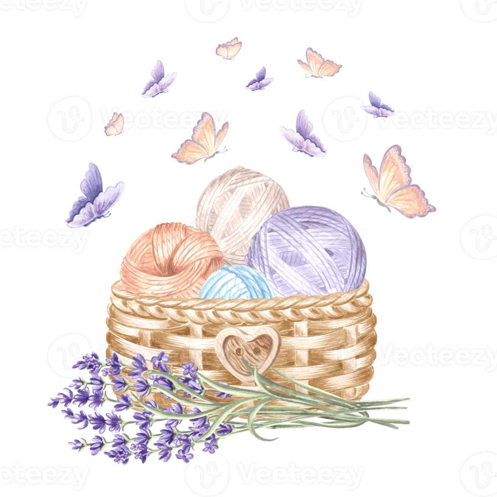 Lavender twig Balls of yarn in wicker basket Butterflies flying Arrangement with tangles of wool thread. Hand drawn watercolor illustration. Isolated template for card, knitter blog, needlework store. png