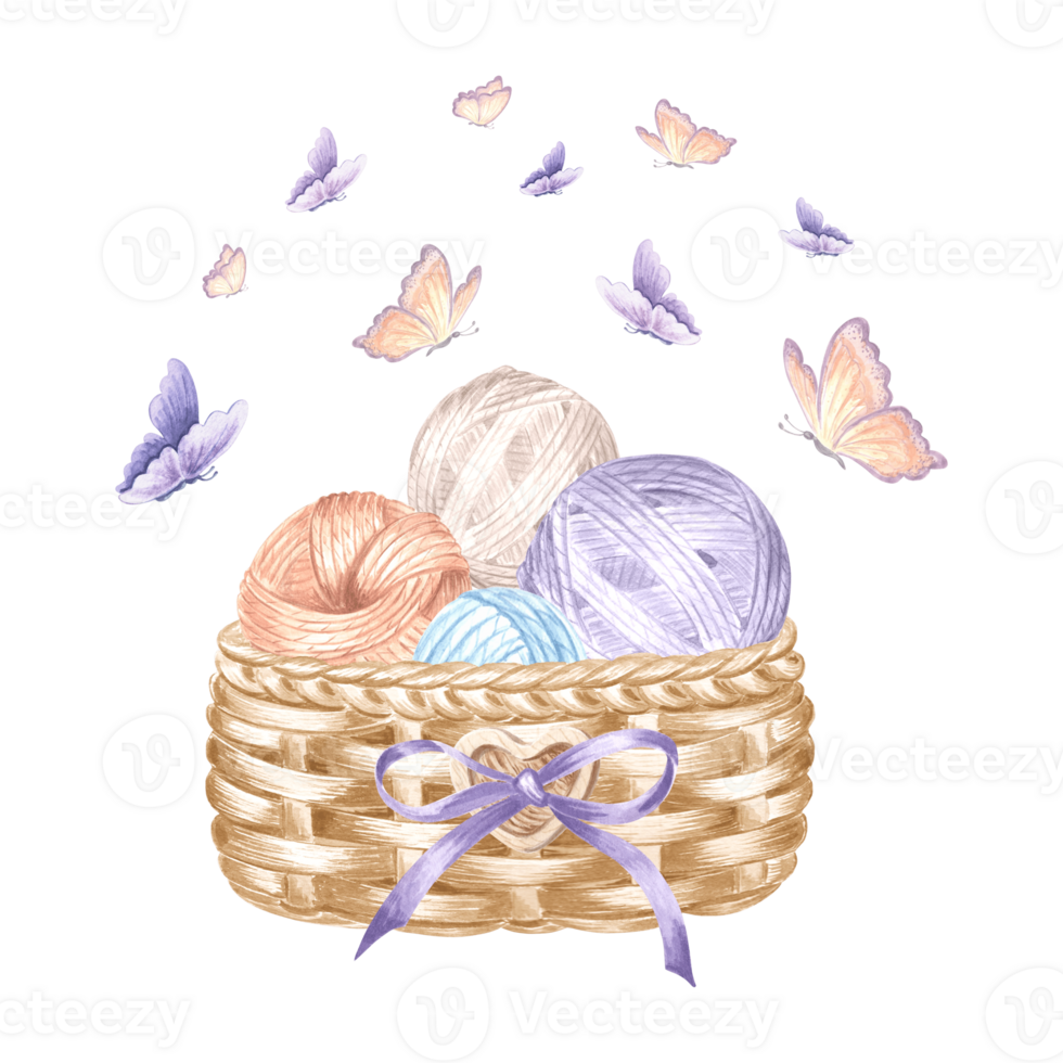 Butterflies flying Tangles of threads in wicker basket. Balls of yarn. Hand drawn watercolor illustration. Isolated template for card, knitter blog, needlework store, embroidery, scrapbooking, textile png