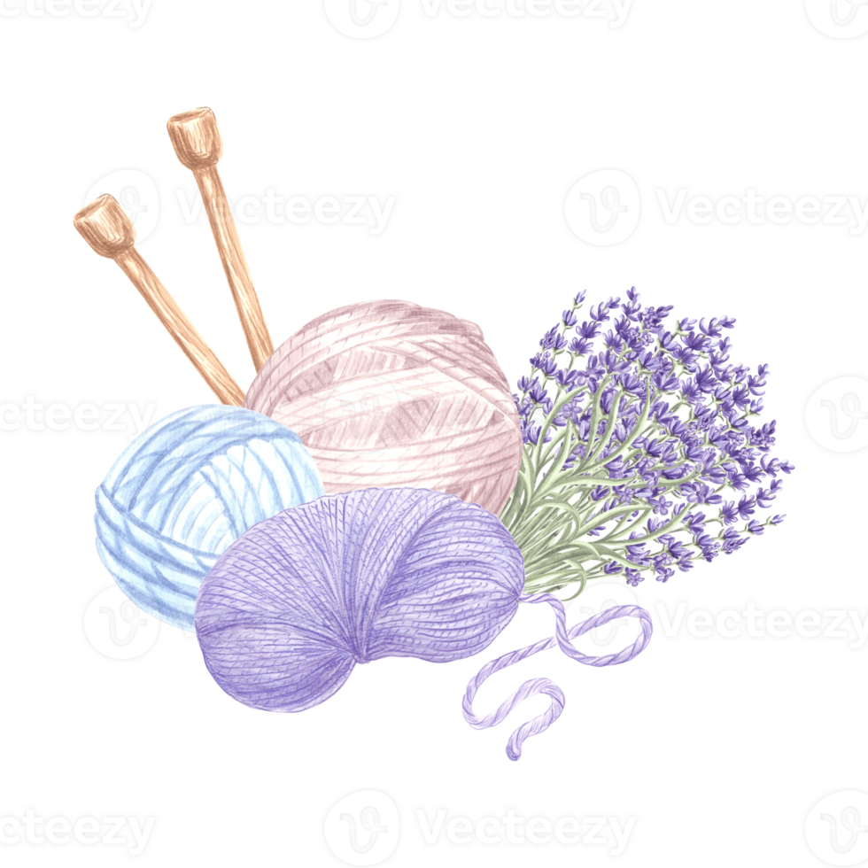 ballen en strengen van garen breiwerk naalden lavendel Purper takje arrangement met klitten van wol draad. hand- getrokken waterverf illustratie. geïsoleerd sjabloon voor kaart, breister blog, handwerk op te slaan. png