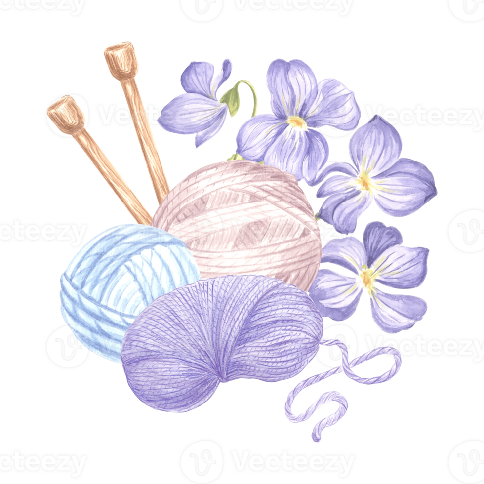 bollar och skeins av garn stickning nålar blommor av vild violer arrangemang med trassel av ull tråd. hand dragen vattenfärg illustration. isolerat mall för kort, stickare blogg, handarbete png