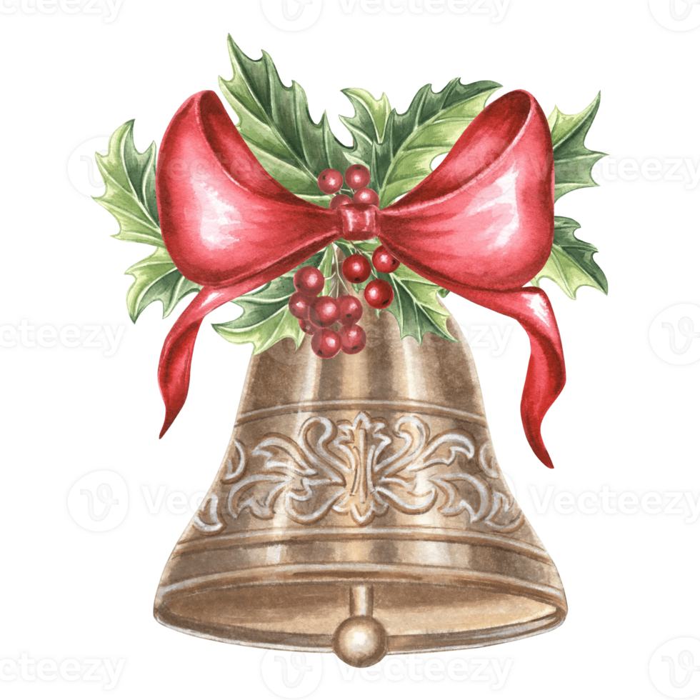 Glocke Bronze- aufwendig mit Seide Bogen und Stechpalme. Weihnachten Baum Neu Jahr Urlaub Dekorationen im Jahrgang. Hand gezeichnet Aquarell Illustration festlich Design. isoliert Vorlage zum Einladung, Postkarte, drucken png