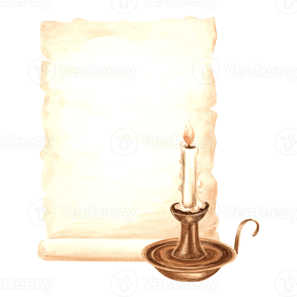 Sheet of parchment handwritten paper, burning candle in candlestick. Template old writing supplies. Hand drawn watercolor illustration. Isolated retro composition for design card, packaging, sticker. png