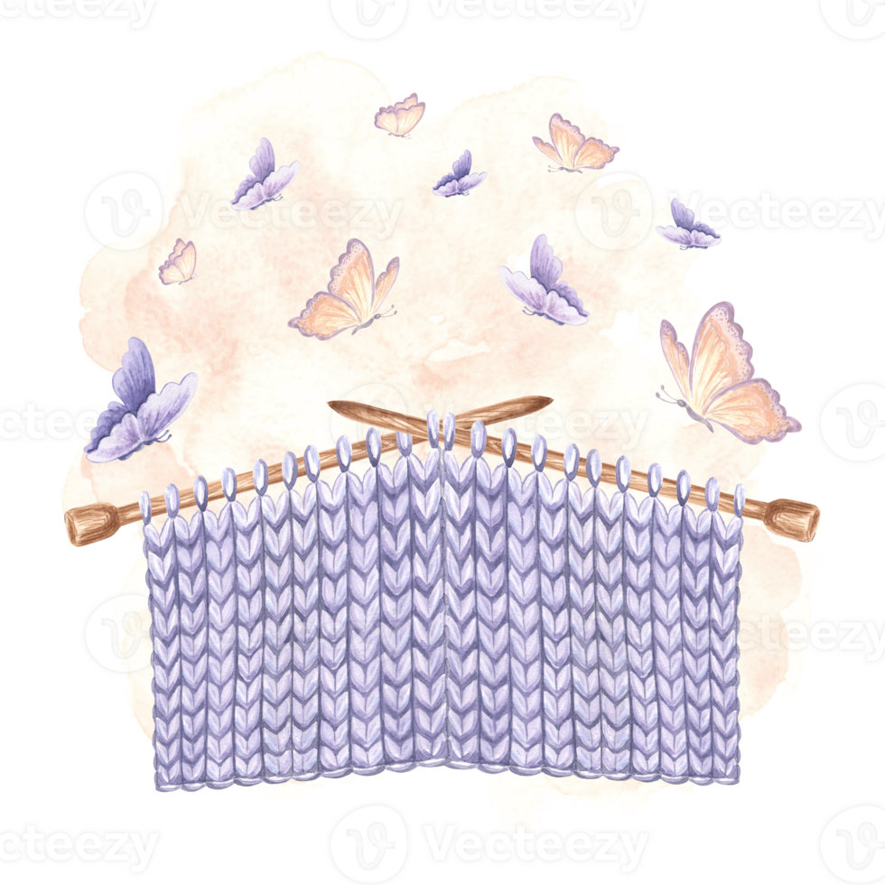 Butterflies flutter over Knitted fabric sample on knitting needles. Hand drawn watercolor illustration. Isolated template for print , card, knitter blog, needlework store, embroidery, scrapbooking. png
