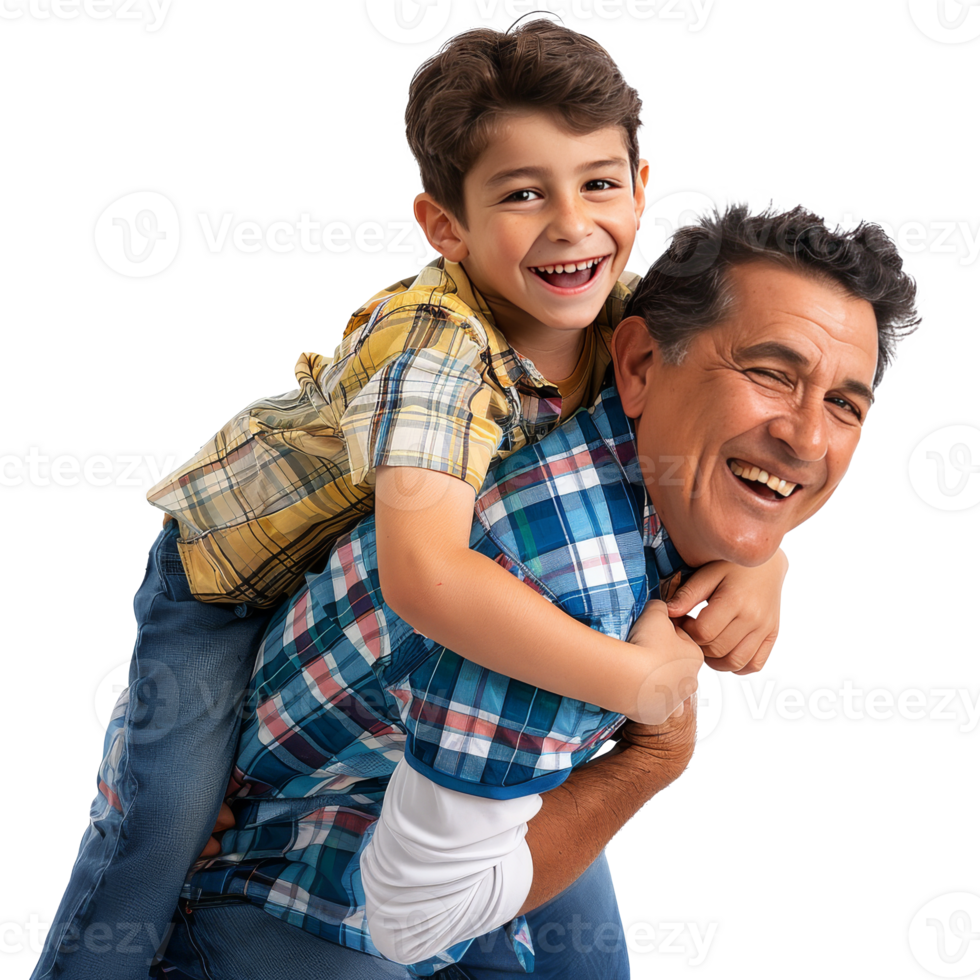 Father holding his eight year old son on his shoulders while smiling. Transparent background, suitable for parents' day and father's day png