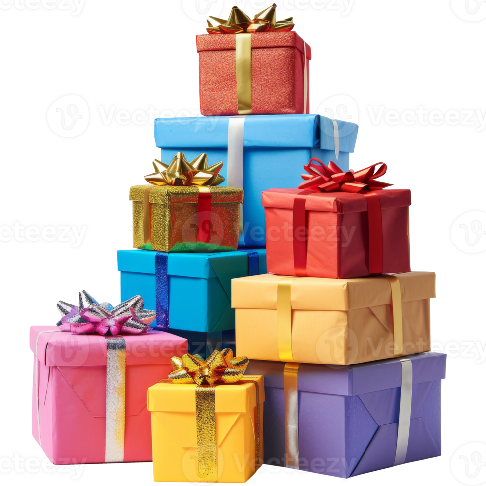 Stack of brightly colored gift boxes, on a transparent background png