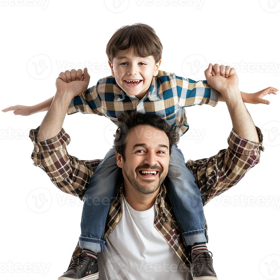 Father holding his eight year old son on his shoulders while smiling. Transparent background, suitable for parents' day and father's day png