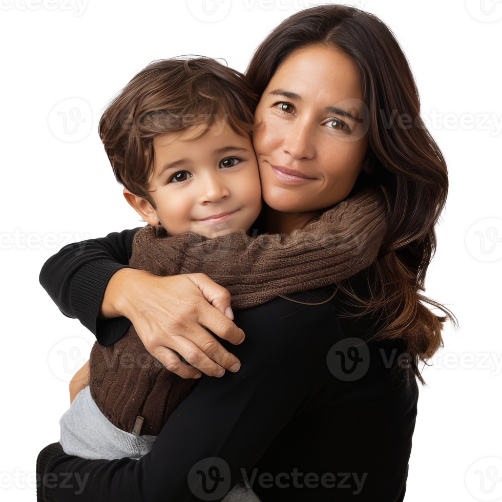 Mother holding eight year old child while smiling. Transparent background, suitable for parents' day and mother's day png