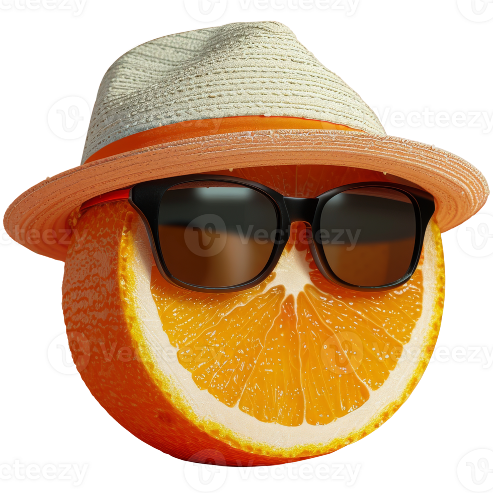 Fresco naranja rebanadas vistiendo Gafas de sol y verano sombrero, transparente antecedentes png