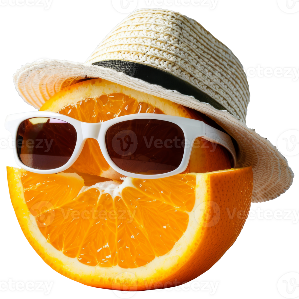 Fresco naranja rebanadas vistiendo Gafas de sol y verano sombrero, transparente antecedentes png