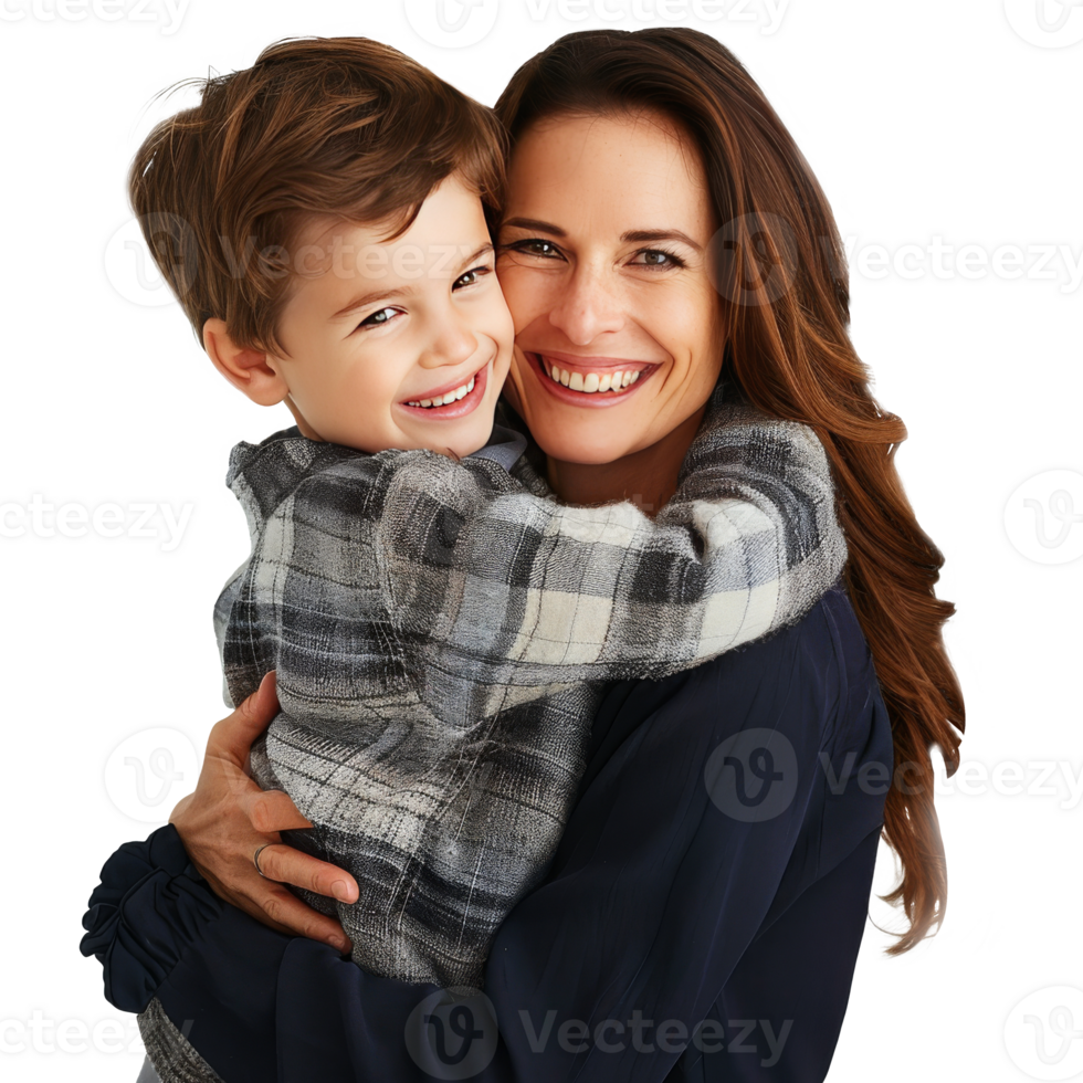 Mother holding eight year old child while smiling. Transparent background, suitable for parents' day and mother's day png