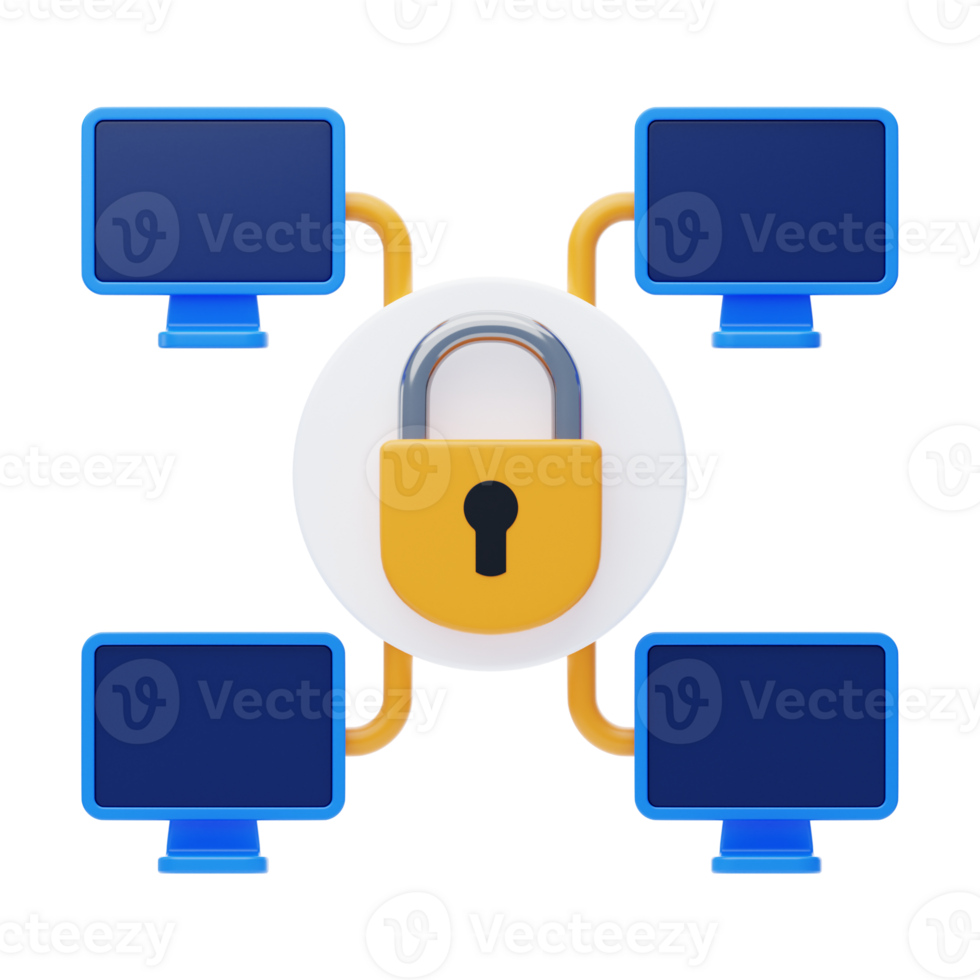 Netzwerk Sicherheit 3d Symbol. Computer mit Sicherheit Schild Symbol png