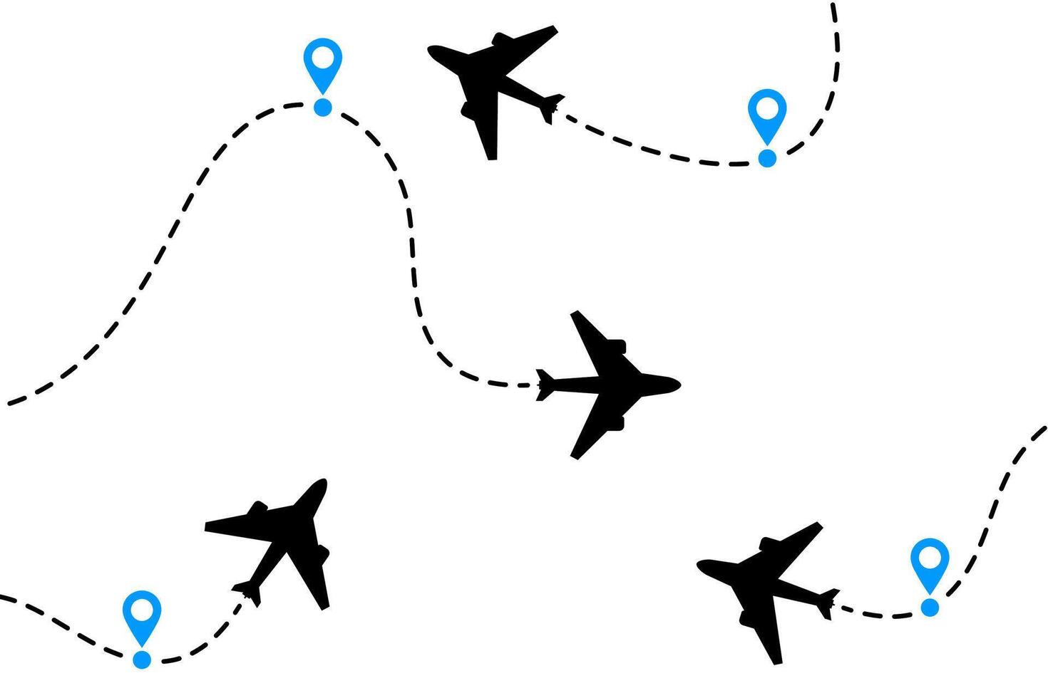 Airplane air flight path. Plane travel elements with travel pin map. Silhouette of airplane icon in flight map vector