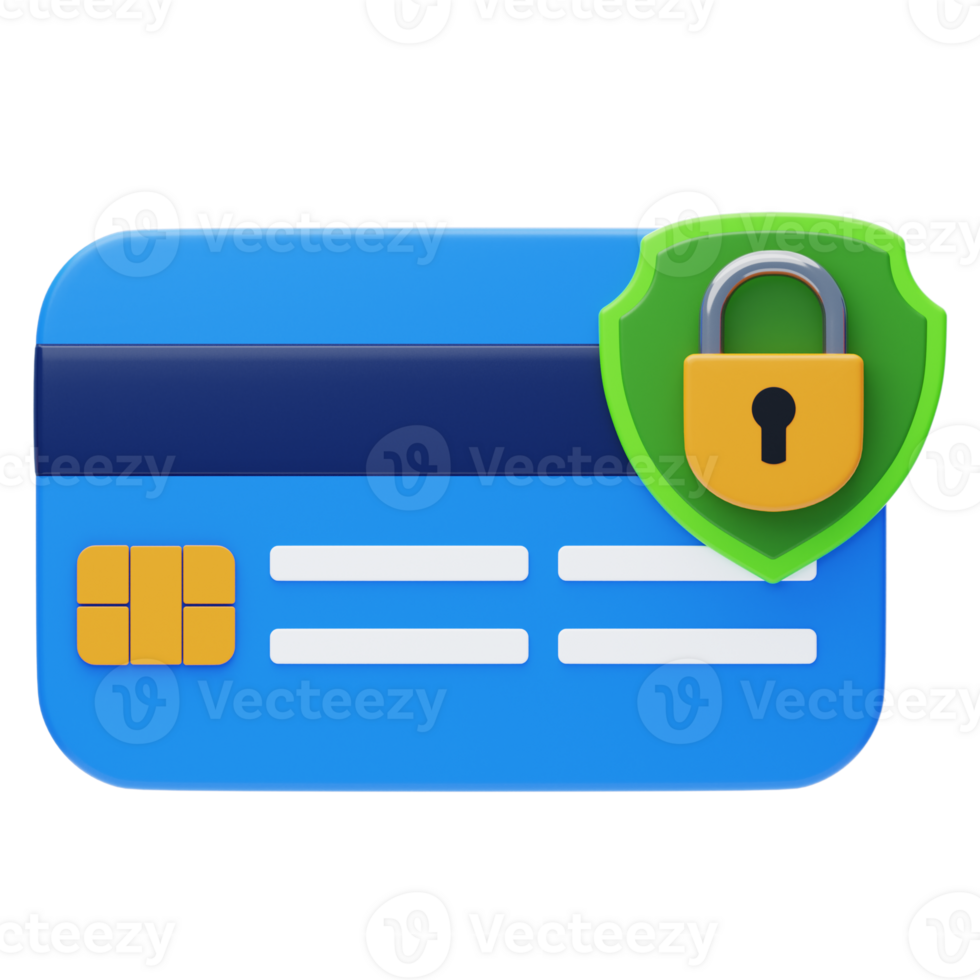 Safe card payment 3d icon. 3D shield protection icon with debit card for payment png