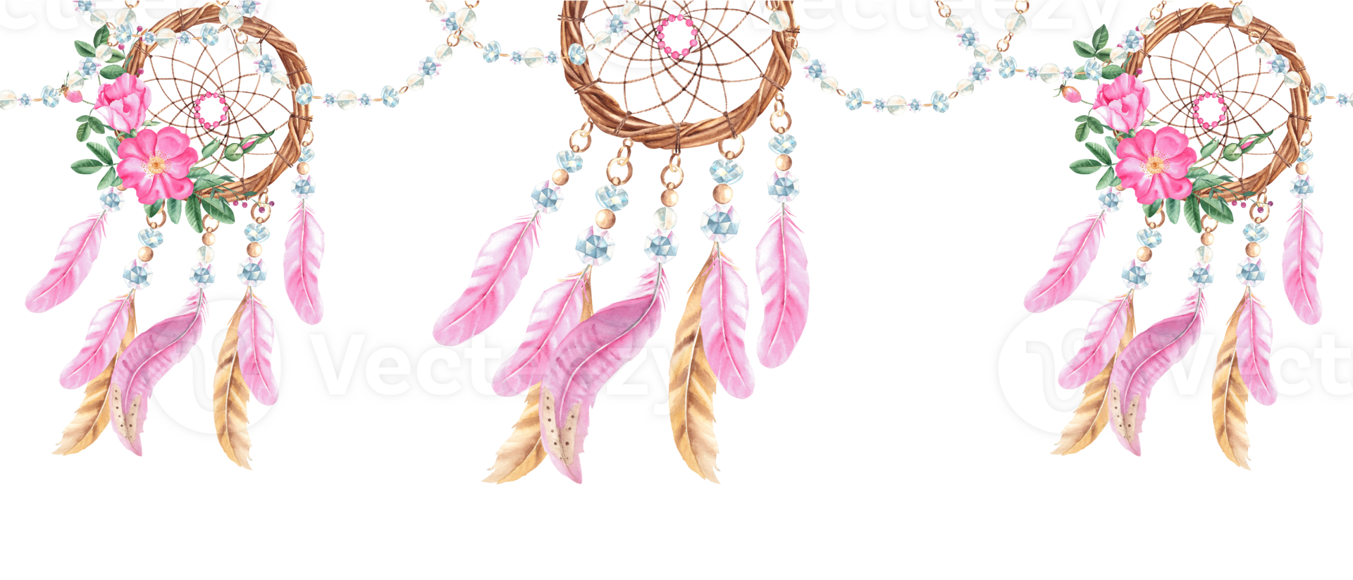 Dream catchers and jewelry threads horizontal watercolor seamless border pattern. Hand drawn realistic illustration. Bohemian decoration with beads, crystals, dog rose flowers and feathers. png
