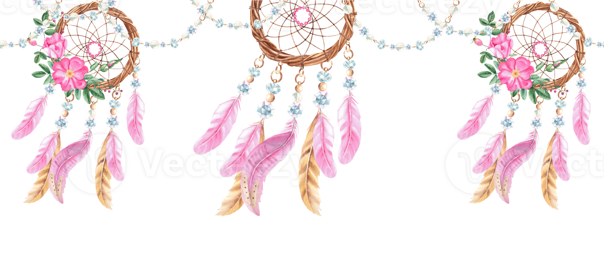 rêver capteurs et bijoux fils horizontal aquarelle sans couture frontière modèle. main tiré réaliste illustration. bohémien décoration avec perles, cristaux, chien Rose fleurs et plumes. png